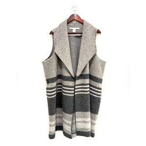 Max Studio Women’s Striped Gray Longline Wool Midi Cardigan Pockets Vest Size 1X